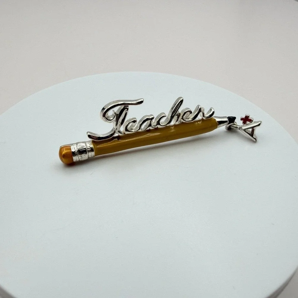 Vintage Two Tone Yellow‎ Enamel Teacher A+ Education Classic Pencil Brooch Pin